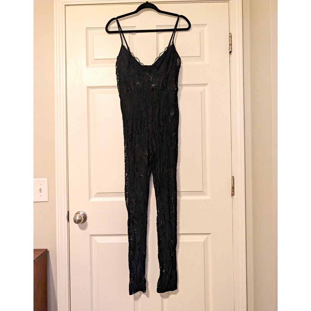 PrettyLittleThing Black Lace Underwired Corset Strappy V-Neck Jumpsuit US 6